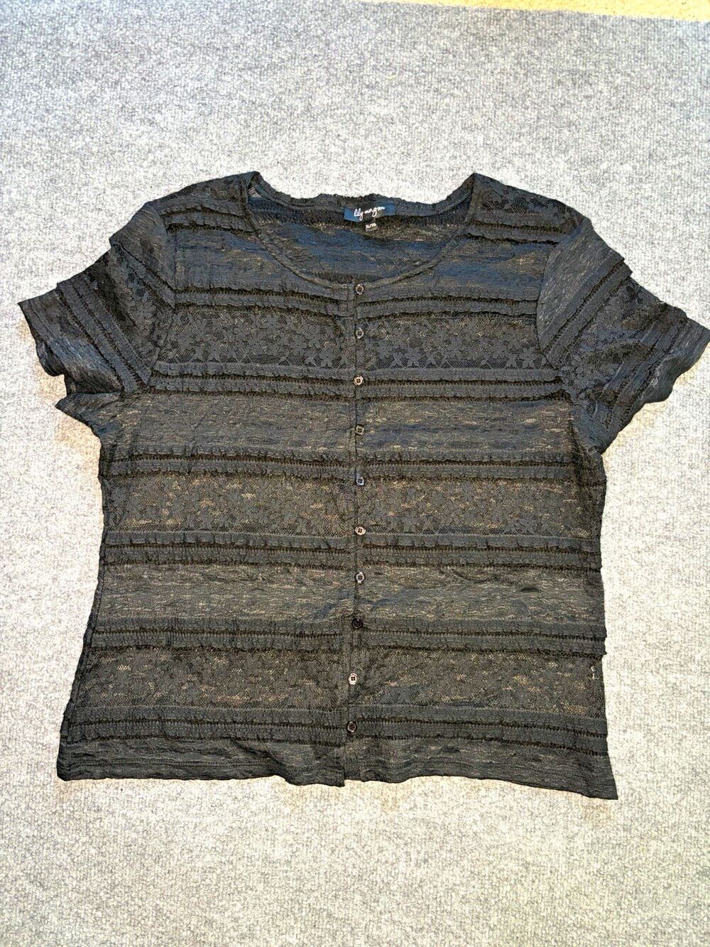 Dark Coquette Black Lace Sheer Button Front Short Sleeve Top Size XL